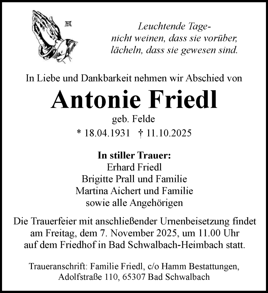  Traueranzeige für Antonie Friedl vom 01.11.2025 aus Idsteiner Land/Untertaunus