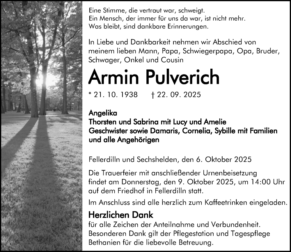 Traueranzeige für Armin Pulverich vom 06.10.2025 aus Dill Block