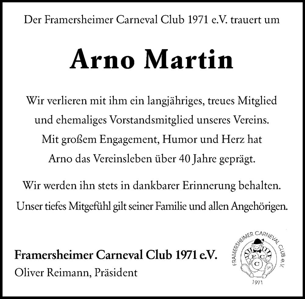  Traueranzeige für Arno Martin vom 17.10.2025 aus Allgemeine Zeitung Alzey