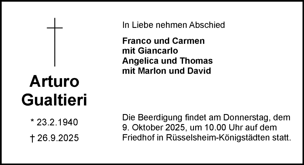  Traueranzeige für Arturo Gualtieri vom 04.10.2025 aus Rüsselsheimer Echo