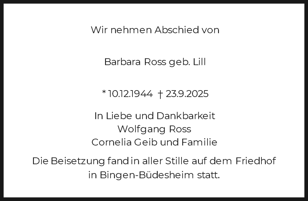  Traueranzeige für Barbara Ross vom 25.10.2025 aus Binger-/Ingelheimer Wochenblatt