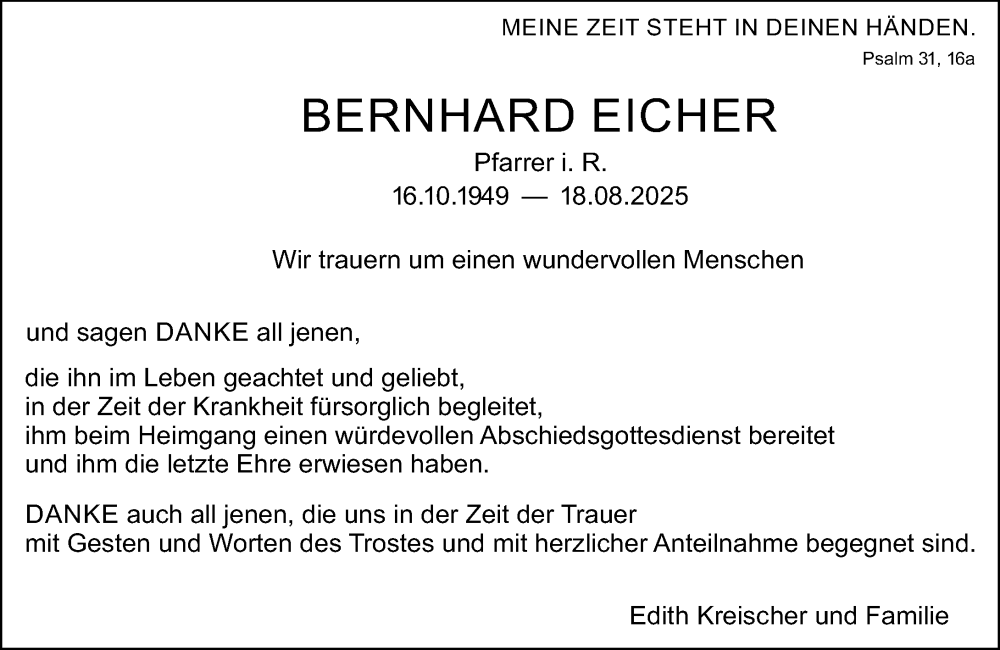  Traueranzeige für BERNHARD EICHER vom 04.10.2025 aus Darmstädter Echo