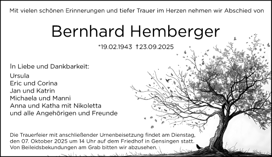 Traueranzeige von Bernhard Hemberger von Allgemeine Zeitung Rheinhessen-Nahe