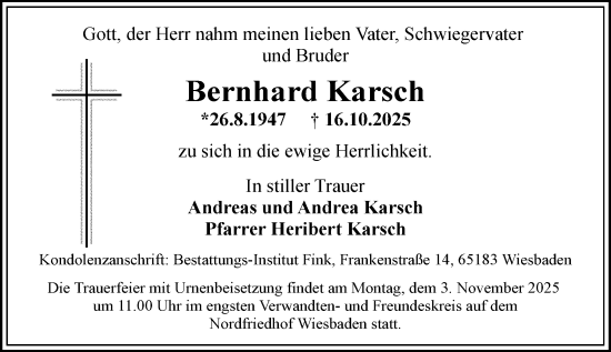 Traueranzeige von Bernhard Karsch von Wiesbadener Kurier