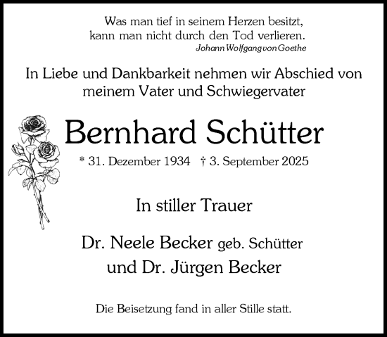 Traueranzeige von Bernhard Schütter von Wiesbadener Kurier