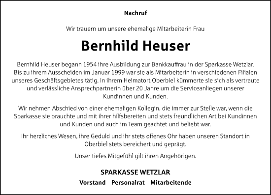 Traueranzeige von Bernhild Heuser von Wetzlarer Neue Zeitung