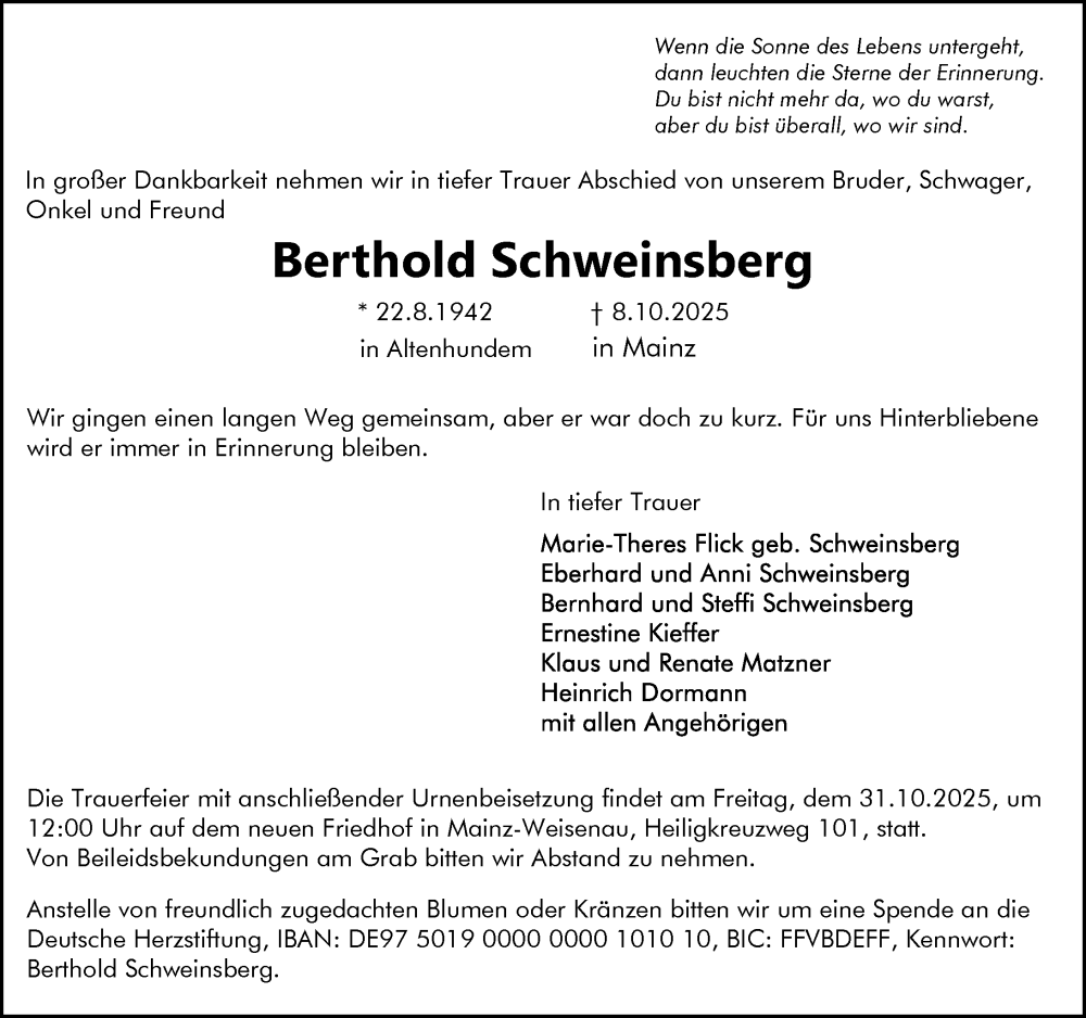  Traueranzeige für Berthold Schweinsberg vom 18.10.2025 aus Allgemeine Zeitung Mainz