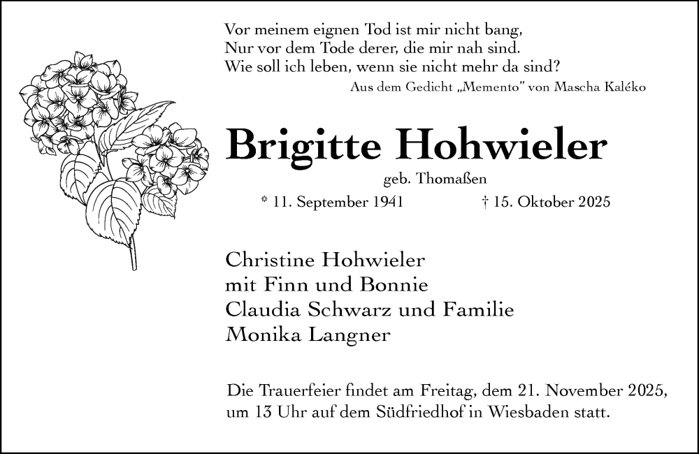  Traueranzeige für Brigitte Hohwieler vom 01.11.2025 aus Wiesbadener Kurier