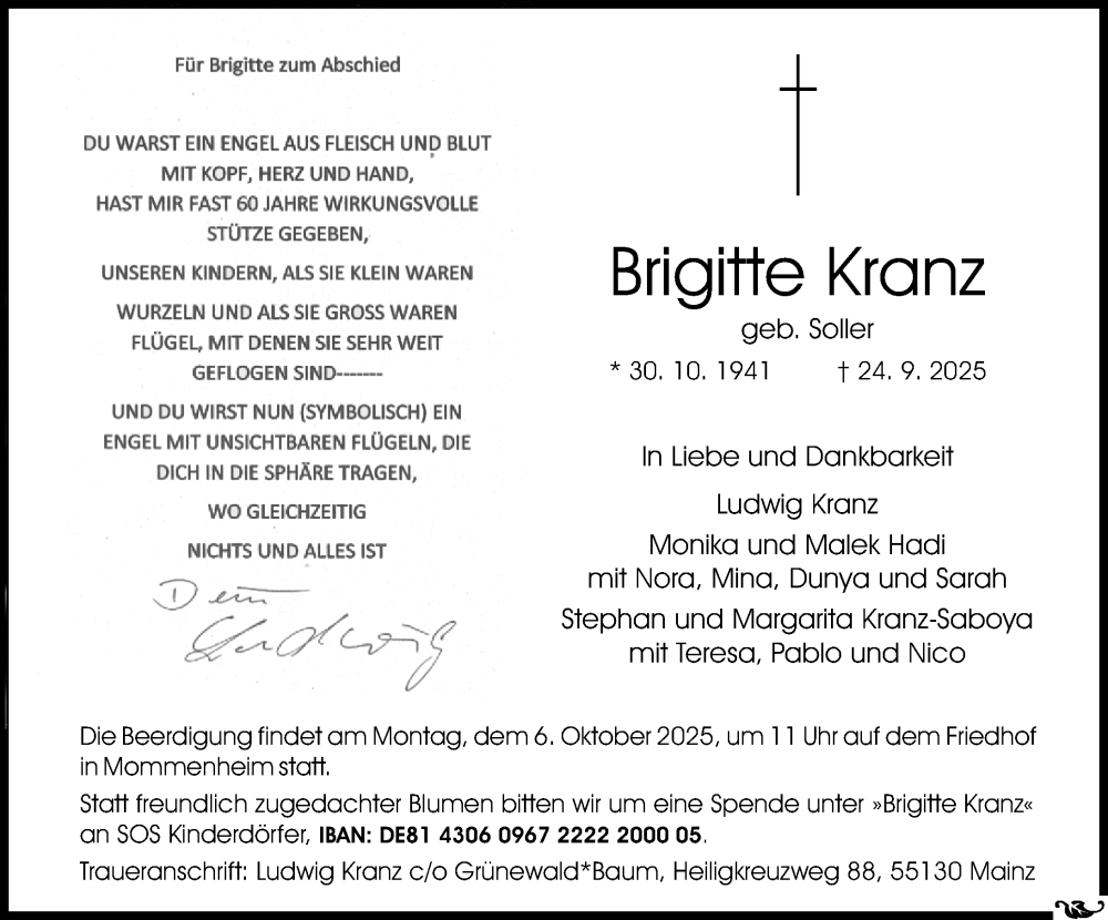  Traueranzeige für Brigitte Kranz vom 04.10.2025 aus Allgemeine Zeitung Mainz