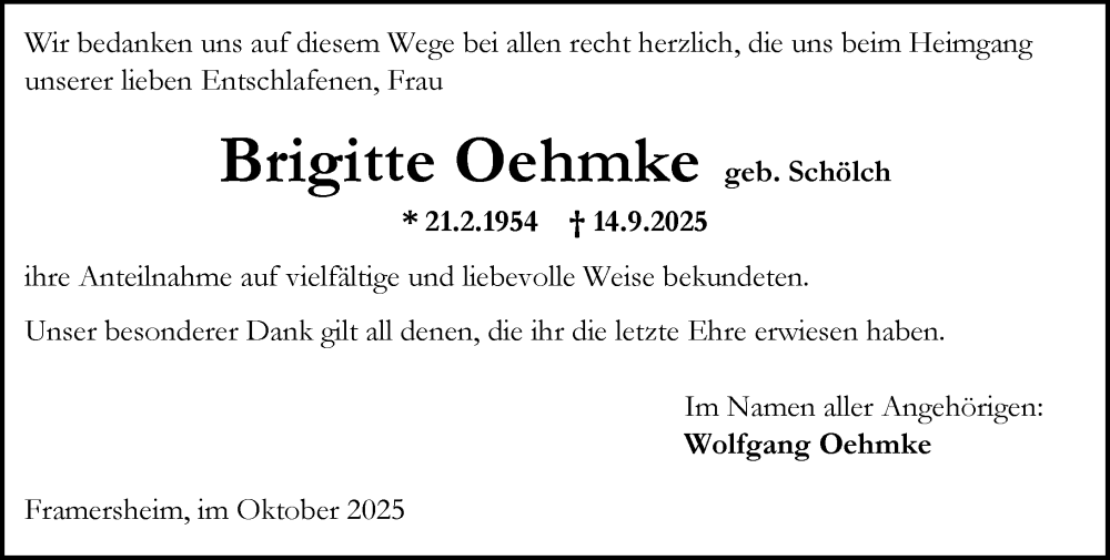  Traueranzeige für Brigitte Oehmke vom 18.10.2025 aus Allgemeine Zeitung Alzey
