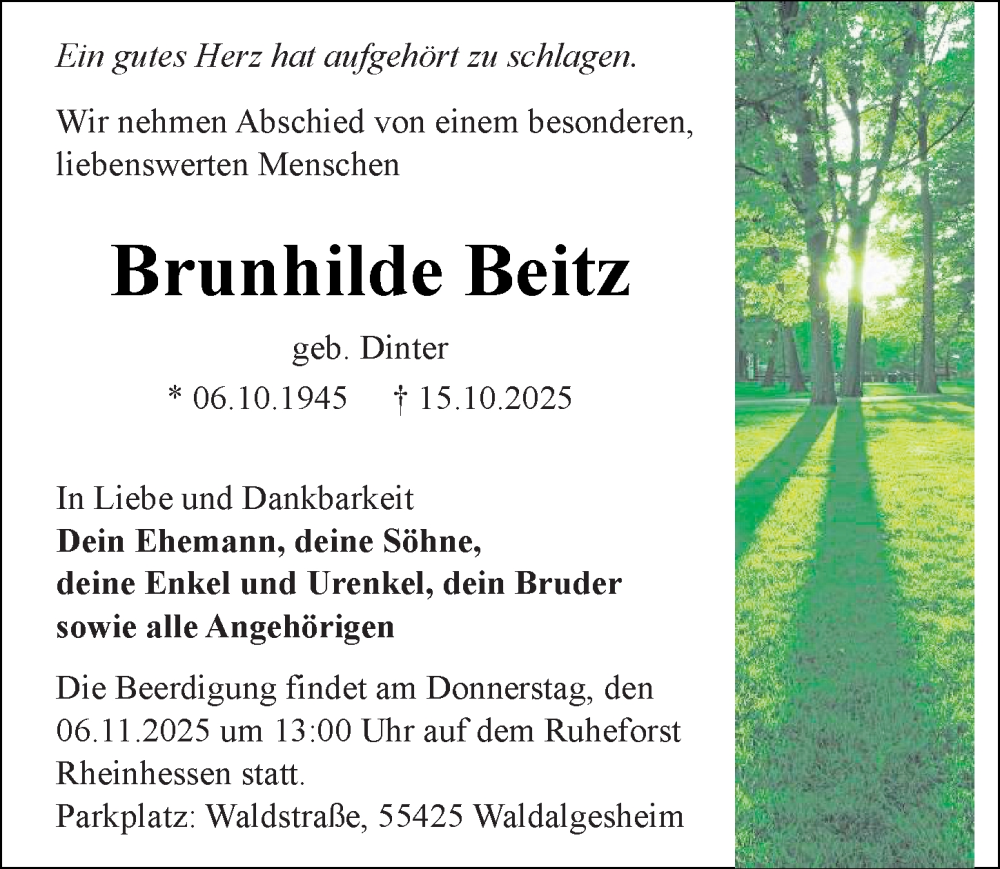  Traueranzeige für Brunhilde Beitz vom 31.10.2025 aus Allgemeine Zeitung Mainz