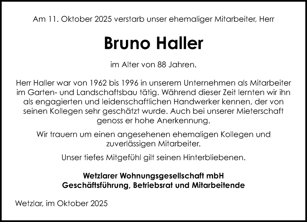  Traueranzeige für Bruno Haller vom 01.11.2025 aus Wetzlarer Neue Zeitung