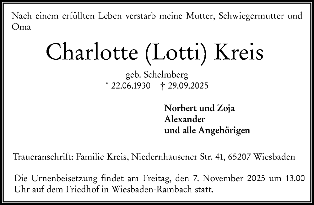  Traueranzeige für Charlotte Kreis vom 01.11.2025 aus Wiesbadener Kurier