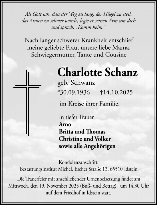 Traueranzeige von Charlotte Schanz von Idsteiner Land/Untertaunus