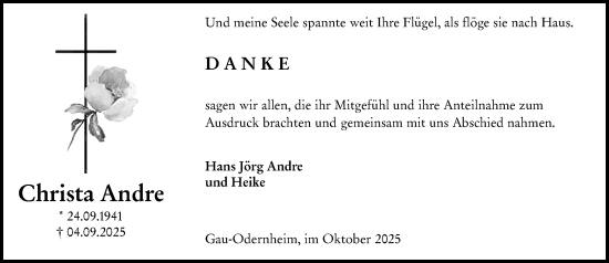 Traueranzeige von Christa Andre von Allgemeine Zeitung Alzey