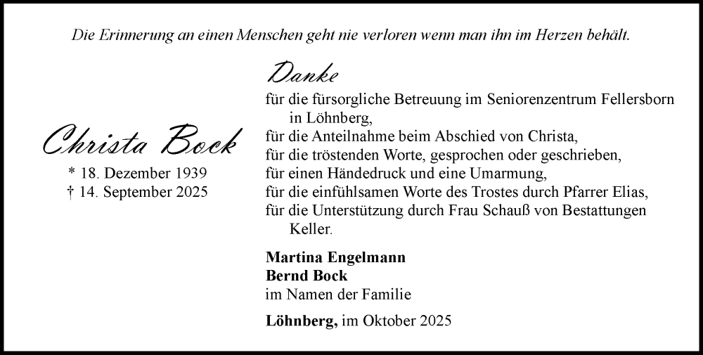  Traueranzeige für Christa Bock vom 25.10.2025 aus Weilburger Tageblatt