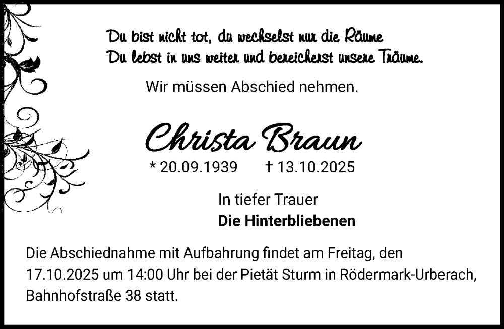  Traueranzeige für Christa Braun vom 15.10.2025 aus Darmstädter Echo