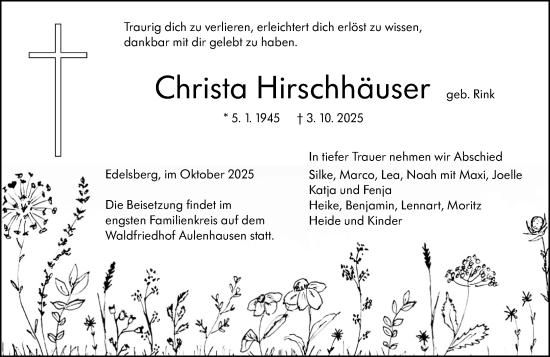 Traueranzeige von Christa Hirschhäuser von Weilburger Tageblatt