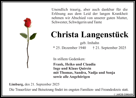 Traueranzeige von Christa Langenstück von Nassauische Neue Presse