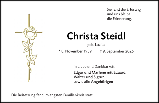 Traueranzeige von Christa Steidl von Rüsselsheimer Echo