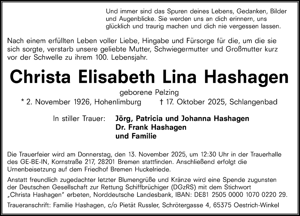  Traueranzeige für Christa Elisabeth Lina Hashagen vom 01.11.2025 aus Wiesbadener Kurier