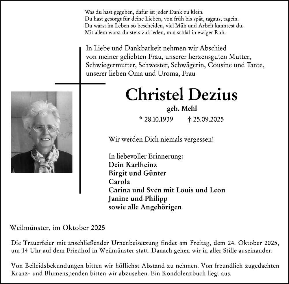  Traueranzeige für Christel Dezius vom 18.10.2025 aus Weilburger Tageblatt