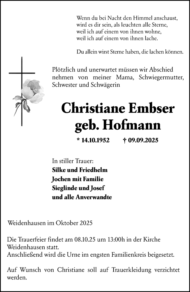  Traueranzeige für Christiane Embser vom 04.10.2025 aus Hinterländer Anzeiger