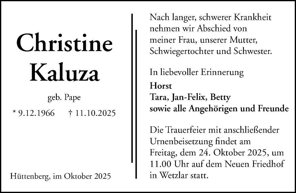  Traueranzeige für Christine Kaluza vom 18.10.2025 aus Wetzlarer Neue Zeitung