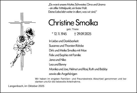 Traueranzeige von Christine Smolka von Weilburger Tageblatt