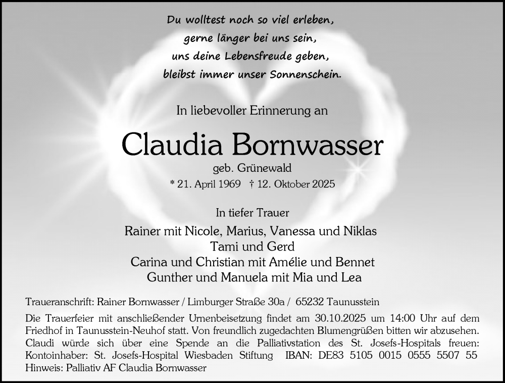  Traueranzeige für Claudia Bornwasser vom 18.10.2025 aus Wiesbadener Kurier