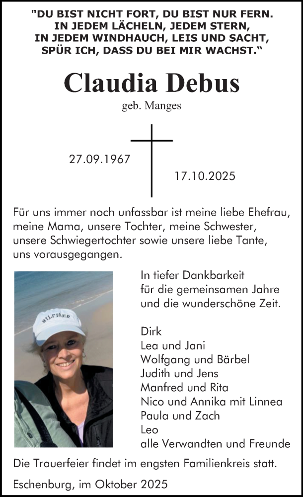  Traueranzeige für Claudia Debus vom 22.10.2025 aus Dill Block