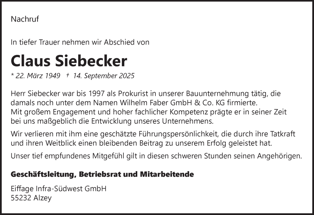  Traueranzeige für Claus Siebecker vom 04.10.2025 aus Allgemeine Zeitung Alzey