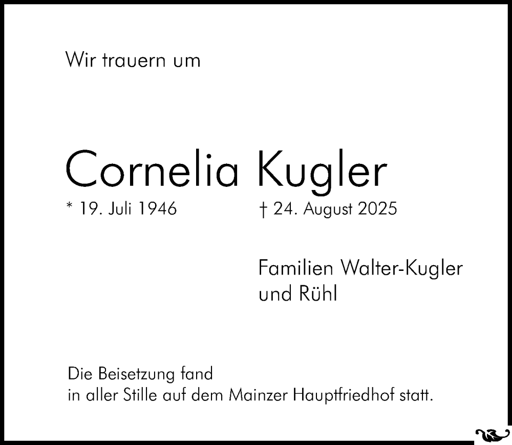  Traueranzeige für Cornelia Kugler vom 18.10.2025 aus Allgemeine Zeitung Mainz