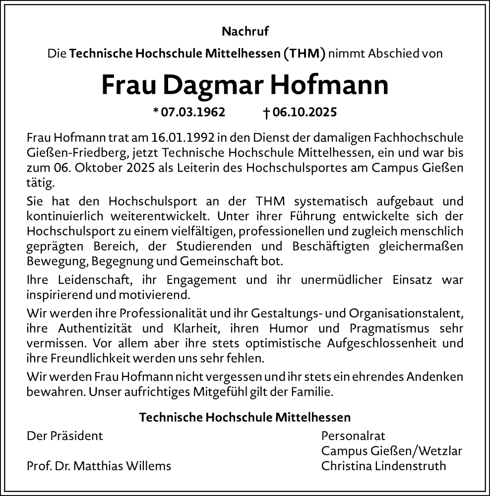  Traueranzeige für Dagmar Hofmann vom 25.10.2025 aus Hinterländer Anzeiger