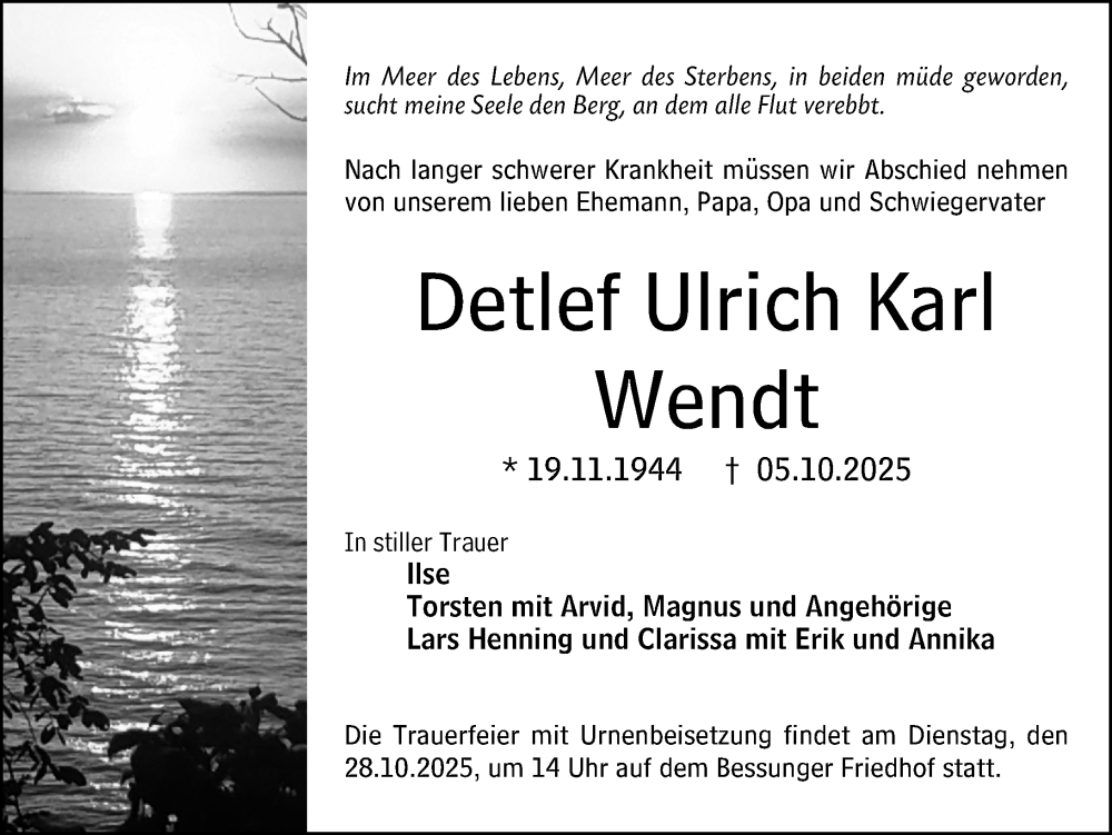  Traueranzeige für Detlef Ulrich Karl Wendt vom 18.10.2025 aus Darmstädter Echo