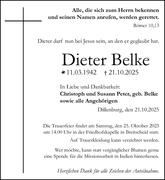 Traueranzeige von Dieter Belke von Dill Block