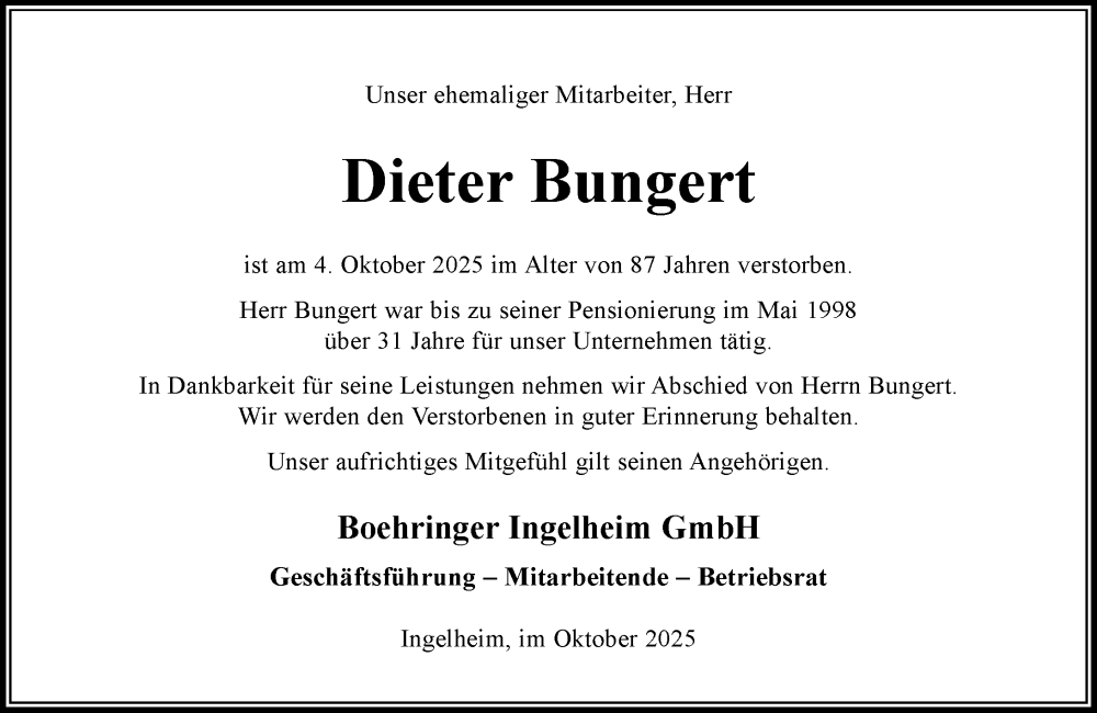  Traueranzeige für Dieter Bungert vom 25.10.2025 aus Allgemeine Zeitung Rheinhessen-Nahe