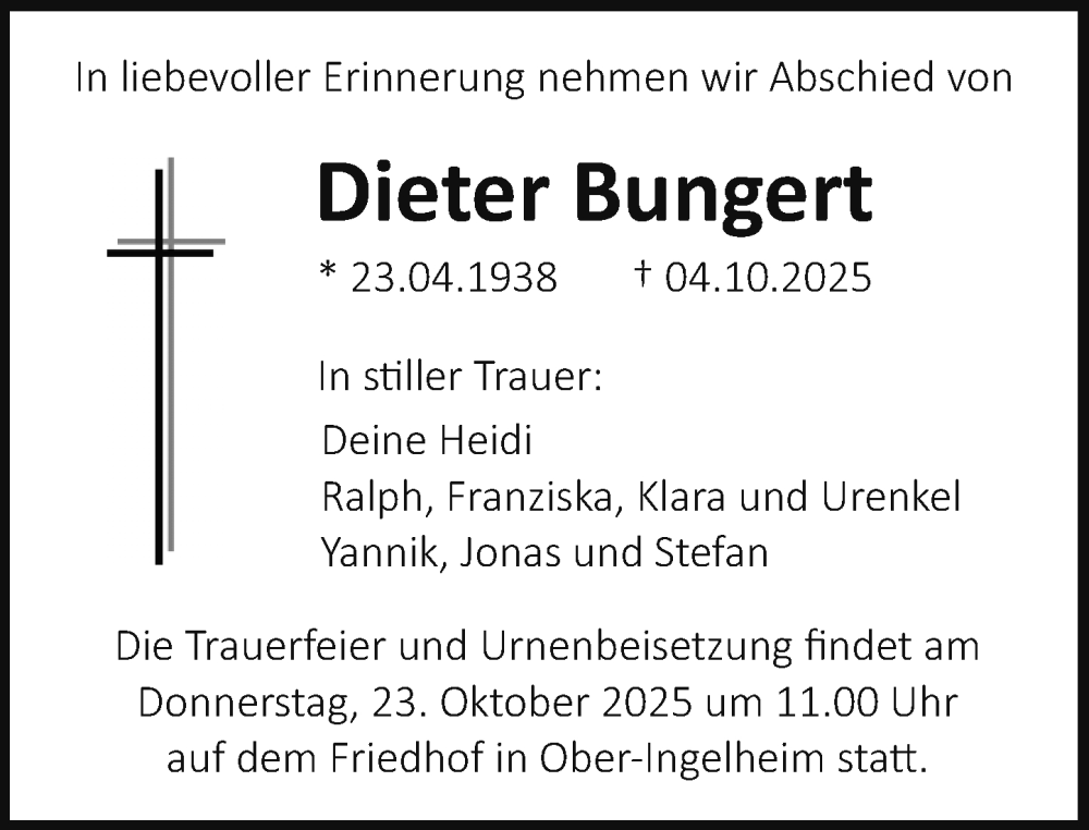  Traueranzeige für Dieter Bungert vom 18.10.2025 aus Allgemeine Zeitung Rheinhessen-Nahe