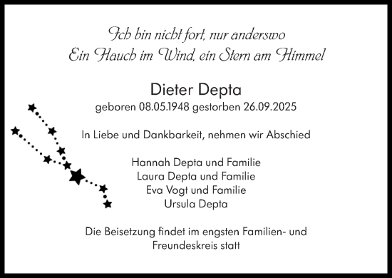 Traueranzeige von Dieter Depta von Wetzlarer Neue Zeitung