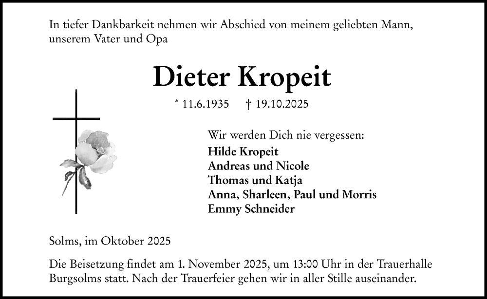  Traueranzeige für Dieter Kropeit vom 29.10.2025 aus Wetzlarer Neue Zeitung