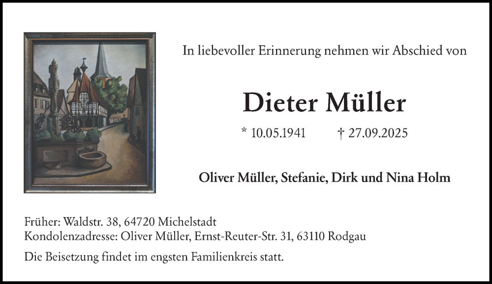  Traueranzeige für Dieter Müller vom 25.10.2025 aus Odenwälder Echo