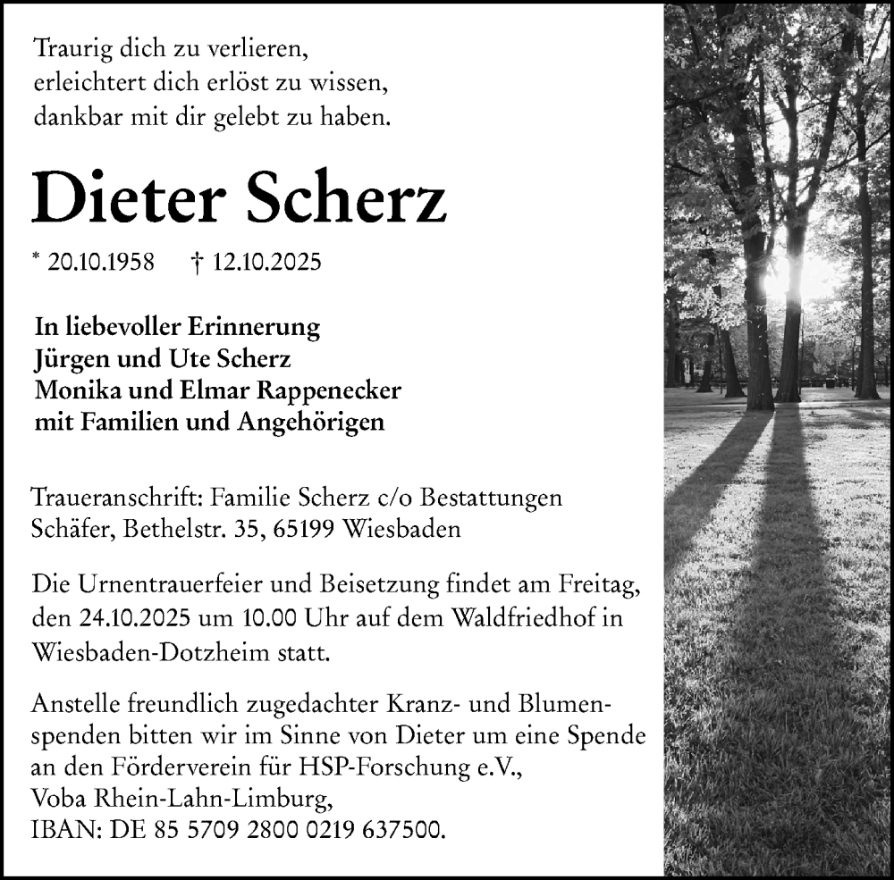  Traueranzeige für Dieter Scherz vom 18.10.2025 aus Wiesbadener Kurier