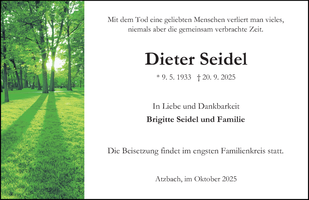  Traueranzeige für Dieter Seidel vom 04.10.2025 aus Wetzlarer Neue Zeitung