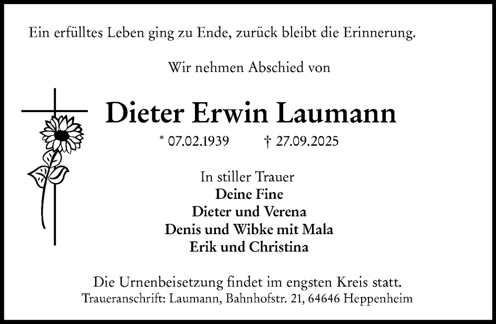  Traueranzeige für Dieter Erwin Laumann vom 04.10.2025 aus Starkenburger Echo