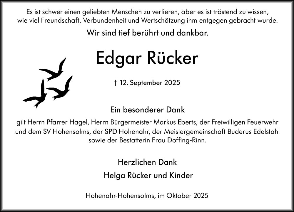  Traueranzeige für Edgar Rücker vom 31.10.2025 aus Wetzlarer Neue Zeitung