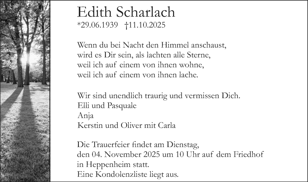  Traueranzeige für Edith Scharlach vom 29.10.2025 aus Starkenburger Echo