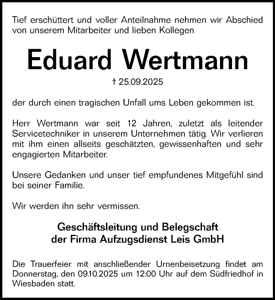 Traueranzeige von Eduard Wertmann von Wiesbadener Kurier