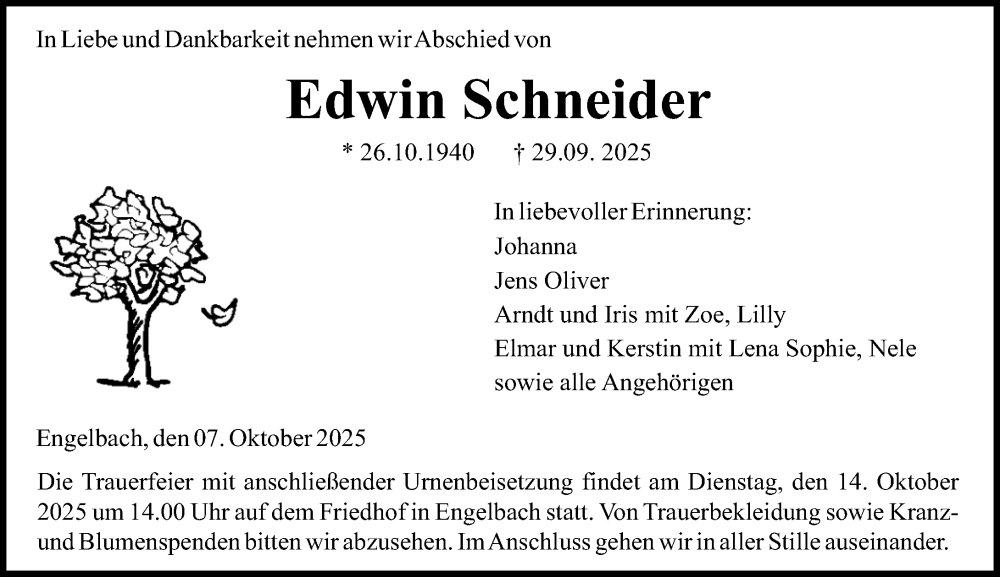  Traueranzeige für Edwin Schneider vom 07.10.2025 aus Hinterländer Anzeiger