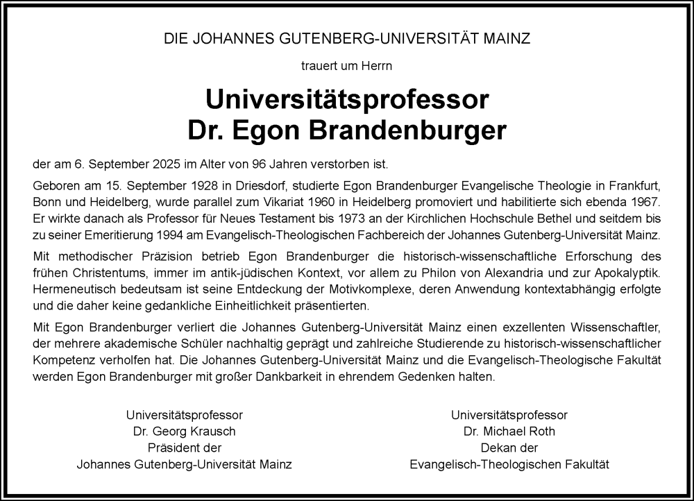  Traueranzeige für Egon Brandenburger vom 25.10.2025 aus Allgemeine Zeitung Mainz