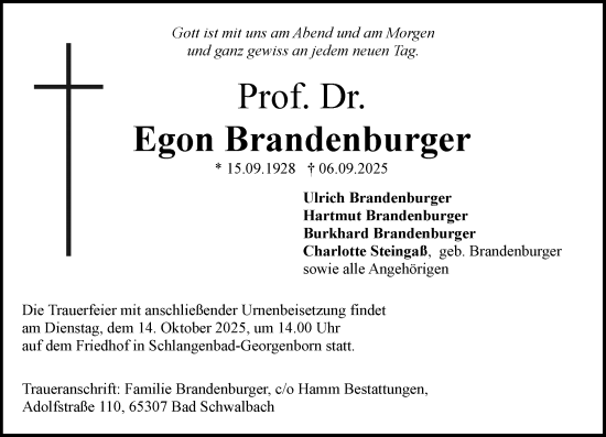 Traueranzeige von Egon Brandenburger von Wiesbadener Kurier